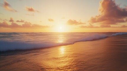 Obraz premium Closeup sea sand beach. Panoramic beach landscape. Inspire tropical beach seascape horizon. Orange and golden sunset sky calmness tranquil relaxing sunlight summer mood. Vacation travel holiday banne