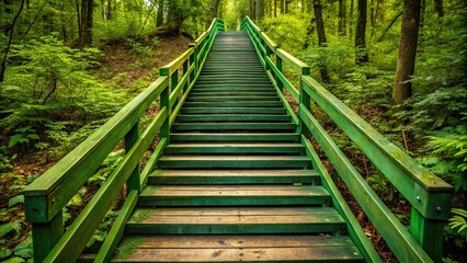 Fototapeta premium Long descending shallow stair into forest path, green wooden stairway