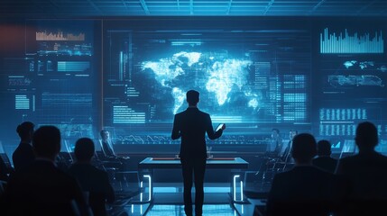 A young entrepreneur presents a startup, displaying holographic data in front of an audience in a futuristic conference room