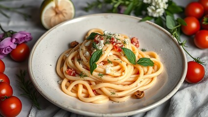Traditional Italian pasta Carbonara, Spaghetti with bacon, egg and parmesan cheese