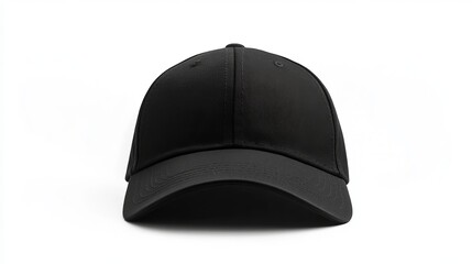 Fototapeta premium Black baseball cap is lying on a white background, providing ample space for designs or text. The simple and classic design of the cap makes it ideal for showcasing your brand or message