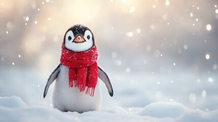Cute penguin is standing in the snow wearing a red scarf while snowflakes are falling around. This adorable penguin is the perfect symbol of winter holidays