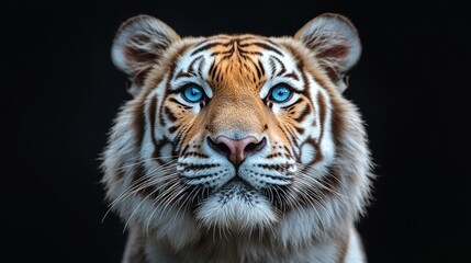 Fototapeta premium Close-Up Portrait of a White Tiger with Blue Eyes on a Black Background, High-Resolution with HDR and Professional Color Grading 