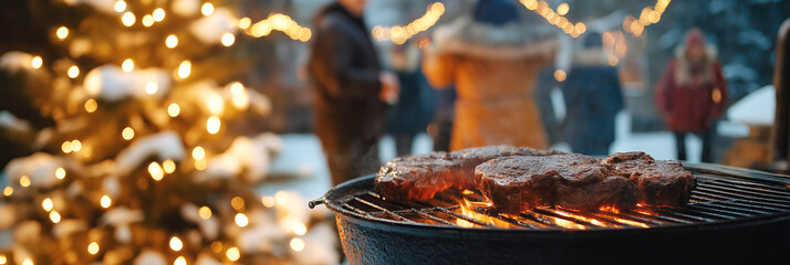 Winter wonderland bbq with grilled steaks and festive lights