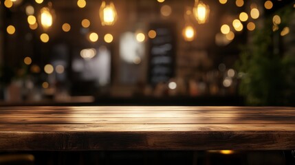 Empty wood table top on blur light gold bokeh of cafe restaurant in dark background