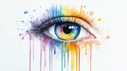 abstract watercolor illustration of Human eye close up with colorful paint , ink splashes and drips, Generative AI,