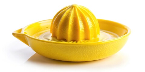 macro photography of yellow lemon squeezer isolated on white background with shallow depth of field