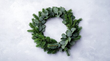 A circular wreath adorned with lush greenery, combining eucalyptus and coniferous elements, set against a textured gray background.