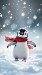 Obraz premium Baby penguin happily waddles in a snowy wonderland wearing a red scarf, creating a festive winter scene perfect for cards or backgrounds