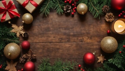 Christmas decorations and gifts as frame, top view with blank space, background for new year celebrations, winter fairy tale