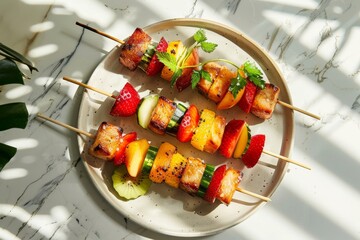 Colorful fruit and grilled skewers on marble background