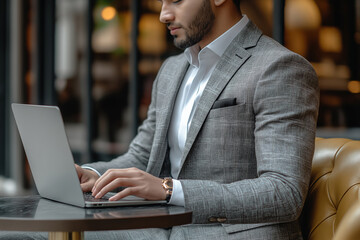 Businessman working on laptop in cafe wearing suit