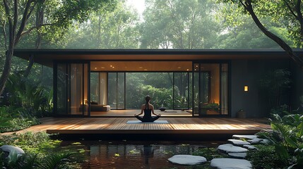 Woman meditating in a serene, modern cabin surrounded by lush greenery.