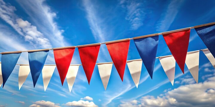 macro red white blue triangular bunting on sky background