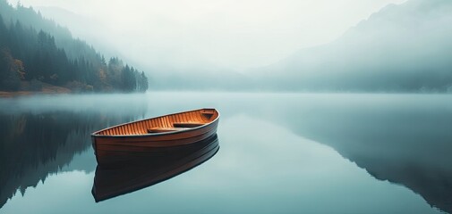 A small wooden boat floats quietly on the lake, surrounded by thick fog. The lake is like a mirror, reflecting the blurred distant mountains, adding to the quiet and lonely atmosphere.
