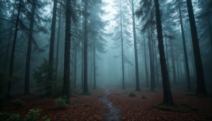 Naklejka premium forest in autumn season, beautiful nature in morning, rainy weather, cloudy
