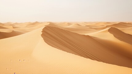 A vast desert landscape featuring rolling sand dunes under a clear sky.