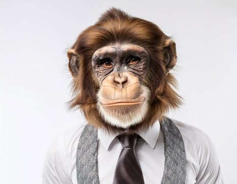 Retrato de un simio vestido con aspecto humano y traje elegante