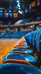 Empty blue and orange stadium seats indoors.