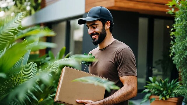 A man wearing a black baseball cap smiles while carrying a package outside a home