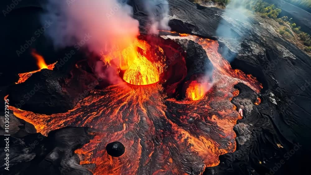 Wall mural volcano eruption from a bird view. volcano crater and magma flow shot from above