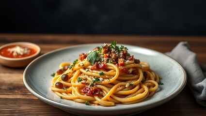 Fototapeta premium Traditional Italian pasta Carbonara, Spaghetti with bacon, egg and parmesan cheese