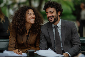 Business people having fun while working on a project on a bench
