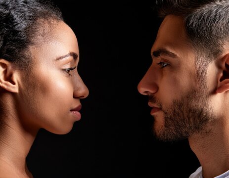 pareja hombre mujer mirandose de frente sobre fondo negro