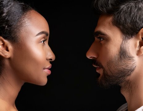 pareja hombre mujer mirandose de frente sobre fondo negro