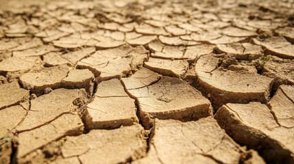 A close-up view of dry, cracked soil in a barren landscape.