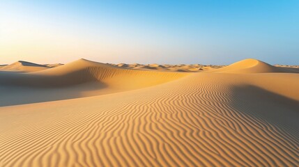 A vast landscape of golden sand dunes with gentle curves and ripples under a clear blue sky.