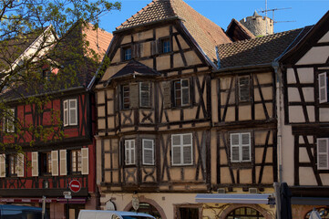 Riquewihr, France-April 11,2024:Typical architecture in Riquewihr village, the Haut-Rhin department,  Grand Est in north-eastern France. Colorful ancient houses under tiled roofs