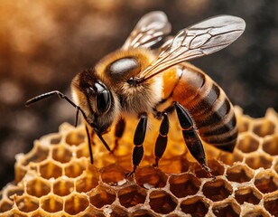 Close-up de una Abeja sobre el panal