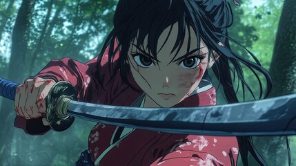 In a vibrant forest at dawn, a determined samurai girl engages in battle, wielding her sword against a demonic enemy
