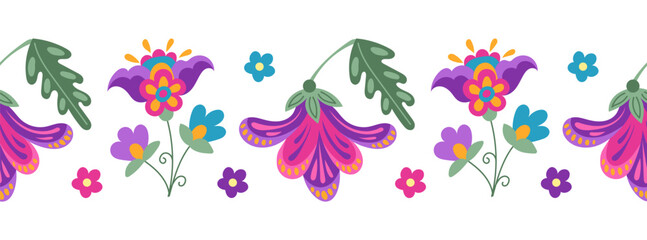 Folk fantasy floral seamless border in Mexican style. Botanical flat illustration in Latin American traditional style isolated on white background for day of the dead holiday