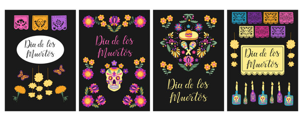 Set of Dia de los Muertos Vertical posters with hand drawn floral and folk elements. Calligraphy text. Mexican traditional holiday banner. Holiday design for Day of the dead on black background