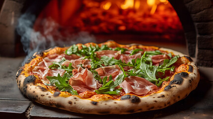 Rustic Italian pizza topped with prosciutto and arugula cooked in a traditional wood-fired oven