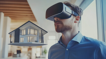 Professional architect using VR goggles for architectural building with hologram house in front - Futuristic technology concept - Model by AI generative