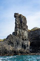 Ribeira da Barca, Pilon of Achada Leite, Aguas Belas Lagoon, Santiago Island, Cape Verde big rock in the sea