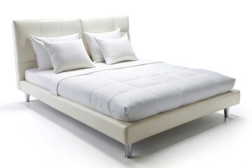 Modern white bed with pillow isolated on white background
