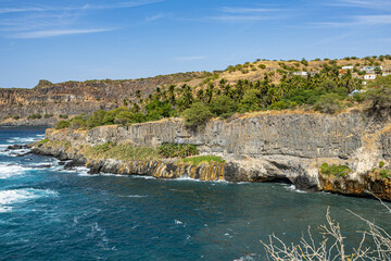 waterfall on the rocks, Ribeira da Barca, Pilon of Achada Leite, Aguas Belas Lagoon, Santiago Island, Cape Verde big rock in the sea