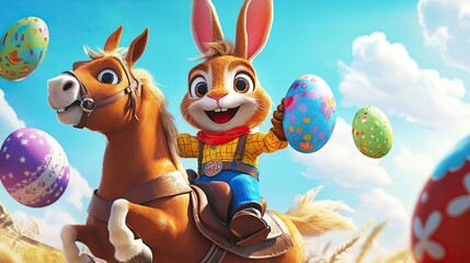 The joyful rabbit, dressed in bright cowboy attire, rides a horse while celebrating Easter with colorful eggs around