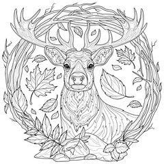Deer in autumn in a frame of twigs.Coloring book antistress for children and adults.