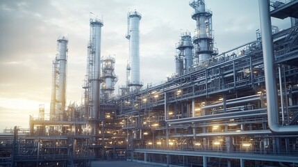 Architecture of a large oil refinery or production plant with complex pipeline connections