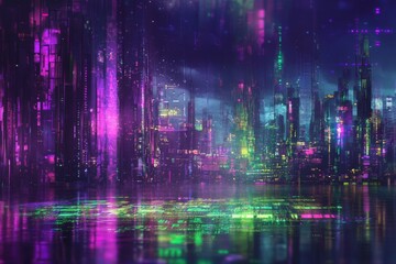 Fototapeta premium Futuristic Neon Cityscape with Reflections in a Cyberpunk Environment