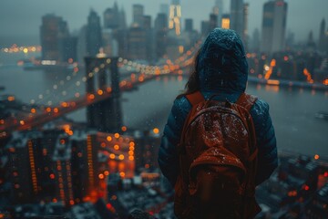 Obraz premium Person Standing with Backpack Facing Snowy Cityscape at Night