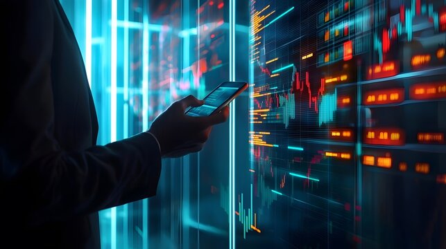 Businessman Analyzing Data on Smartphone in Server Room with Digital Display