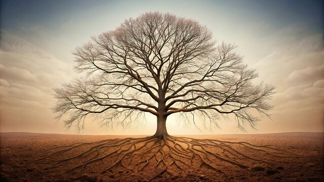 Minimalist fantastic scene of a large withered tree with roots