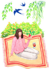 Woman sitting at a picnic, happily eating fruit in the garden, watercolor painting hand-drawn illustration
