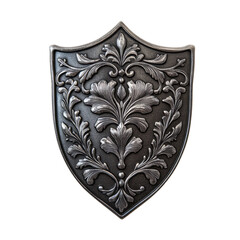 Elegant shield style metal badge with intricate designs etched along the surface and shiny finish isolated on transparent background 